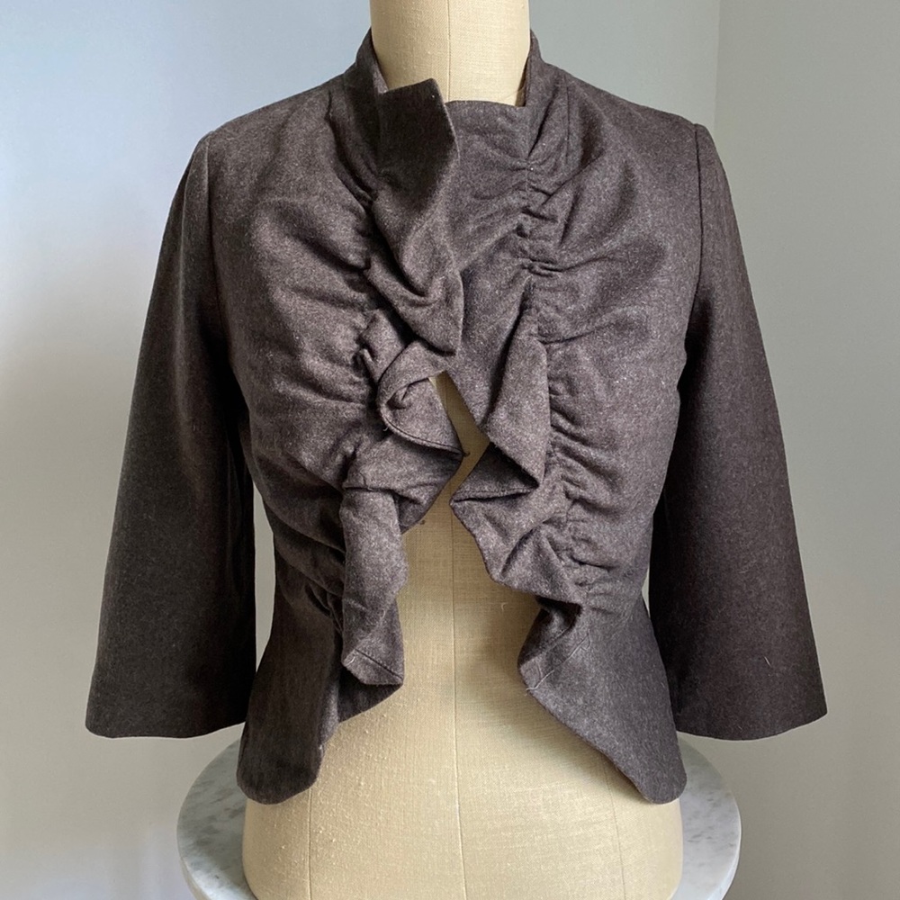 Vintage Tabitha by Anthropologie Shrunken Wool Blend Brown Ruffle Jacket NWT 2